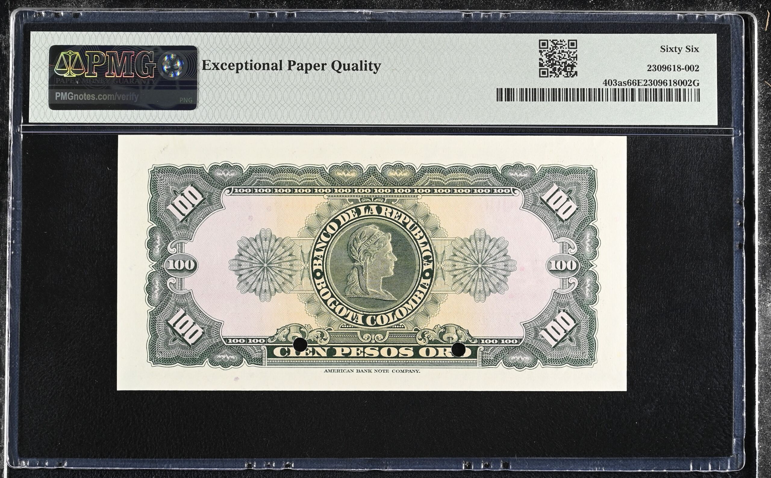 Colombia World Currency Colombia 100 Pesos Oro 1958 pICK 403AS PMG Gem UNC 66 EPQ 0152334 Colombia 100 Pesos Oro 1958 pICK 403AS PMG Gem UNC 66 EPQ 0152334Colombia 100 Pesos Oro 1958 pICK 403AS PMG Gem UNC 66 EPQ 0152334 - Image 2