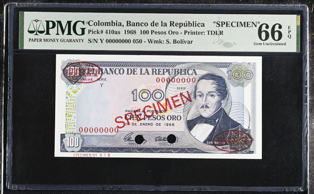 Colombia 100 Pesos Oro 1968 Pick 410as PMG Gem UNC 66 EPQ 0152335