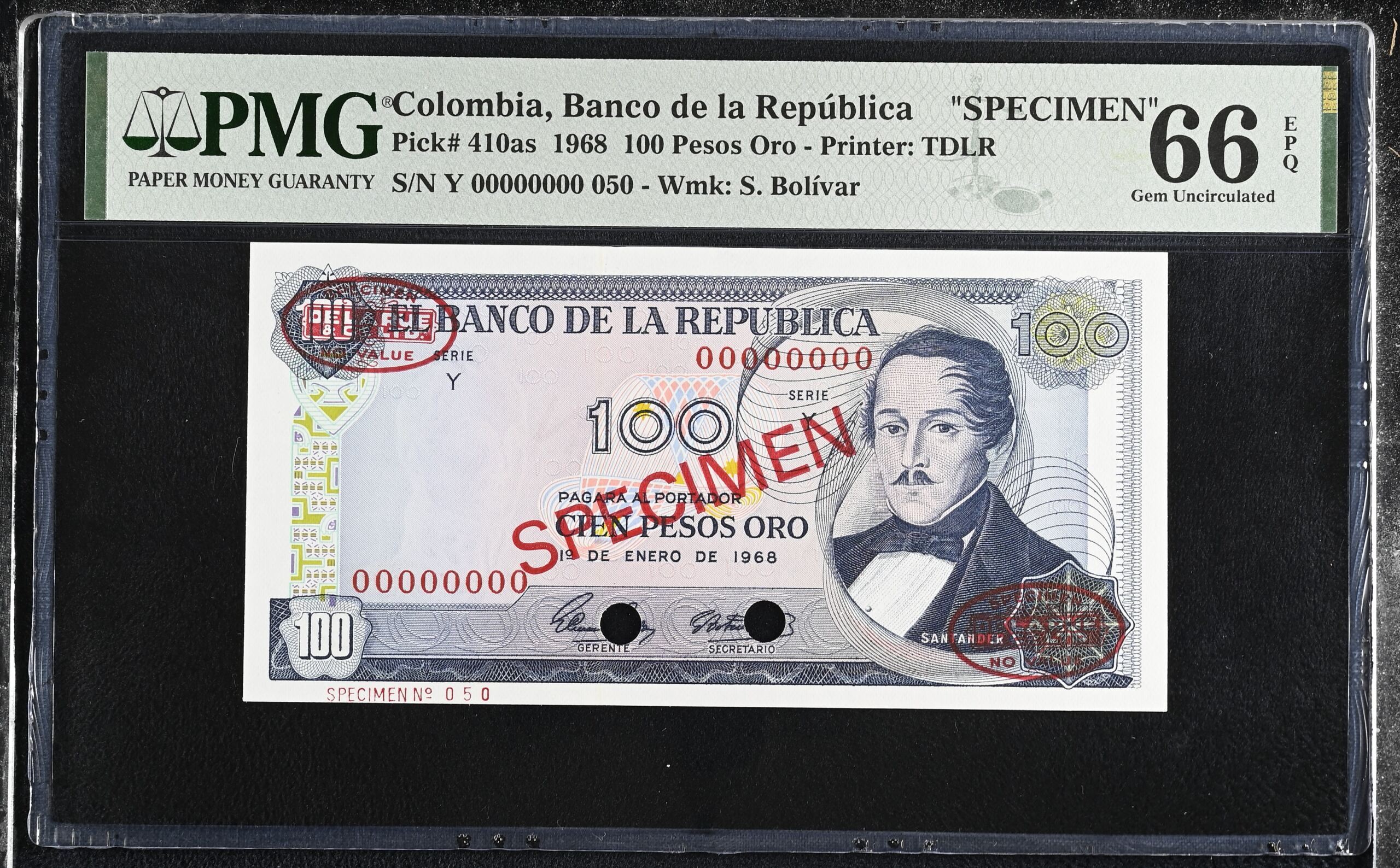 Colombia 100 Pesos Oro 1968 Pick 410as PMG Gem UNC 66 EPQ 0152335
