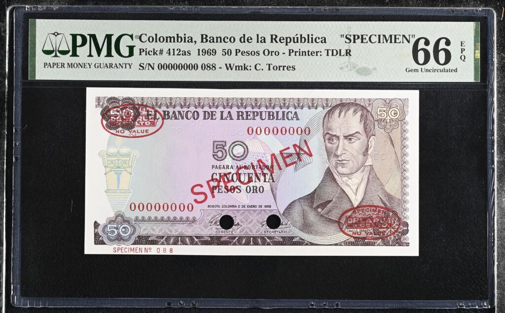 Colombia 50 Pesos Oro 1969 Pick 412as PMG Gem UNC 66 EPQ 0152336