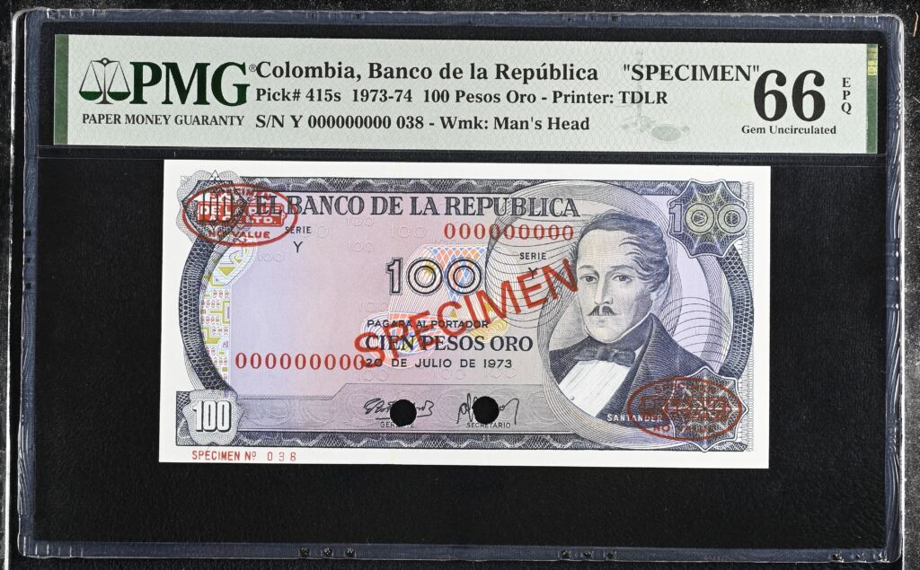 Colombia 100 Pesos Oro 1973-4 Pick 415as PMG Gem UNC 66 EPQ 0152337