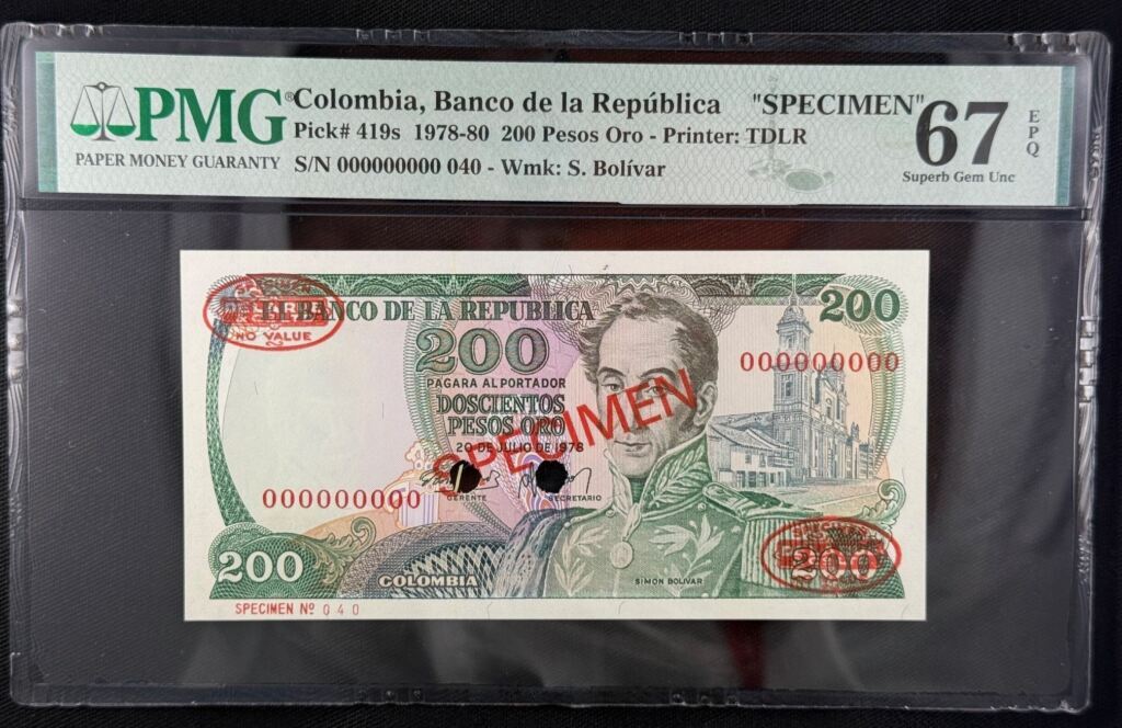 Colombia 200 Pesos Oro 1978-80 Pick 419s PMG Superb Gem UNC 67 EPQ 0152338