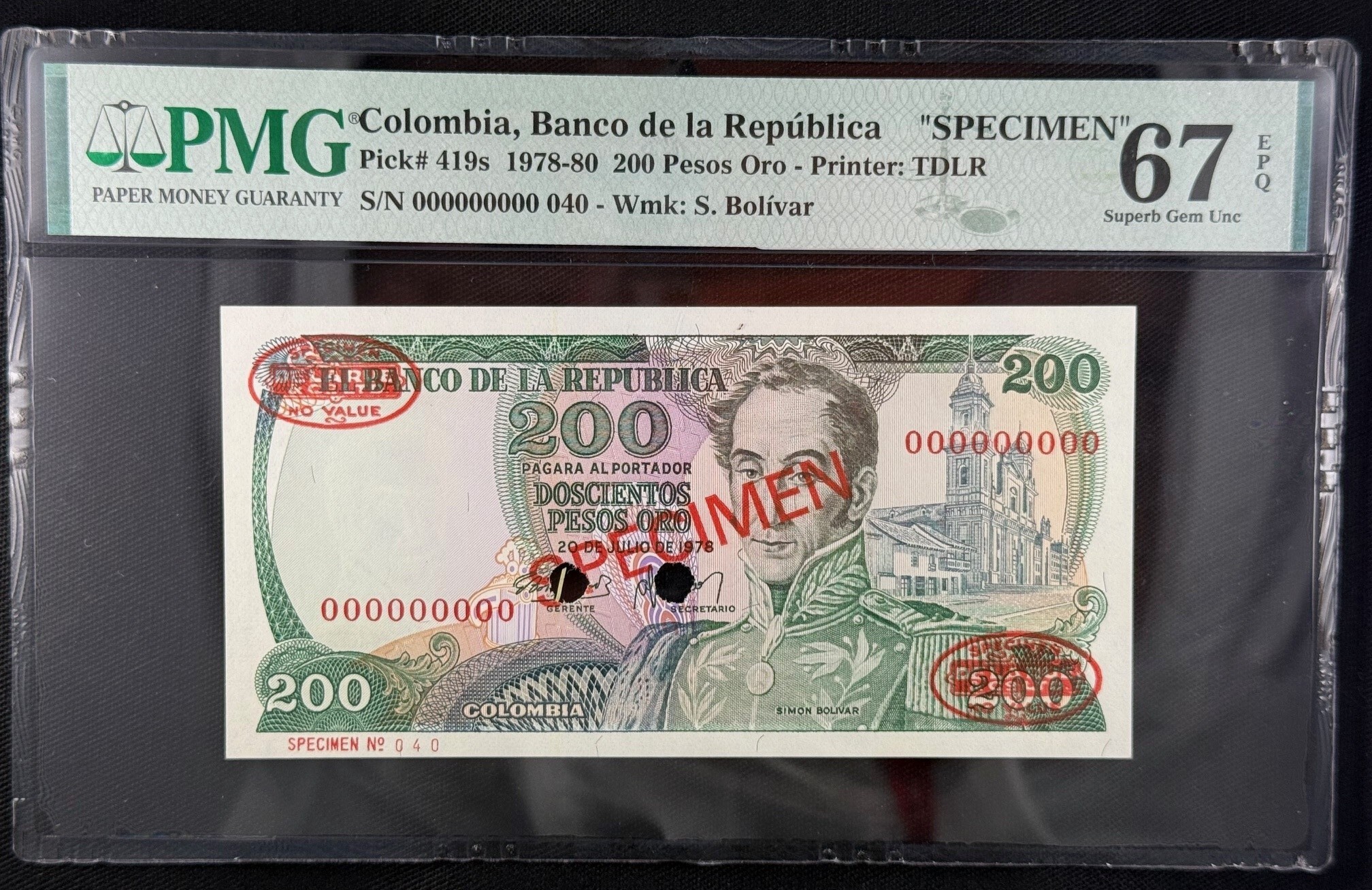 Colombia 200 Pesos Oro 1978-80 Pick 419s PMG Superb Gem UNC 67 EPQ 0152338