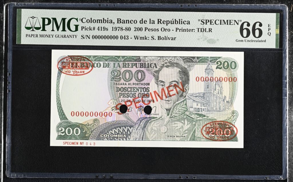 Colombia 200 Pesos Oro 1978-80 Pick 419s PMG Gem UNC 66 EPQ 0152339