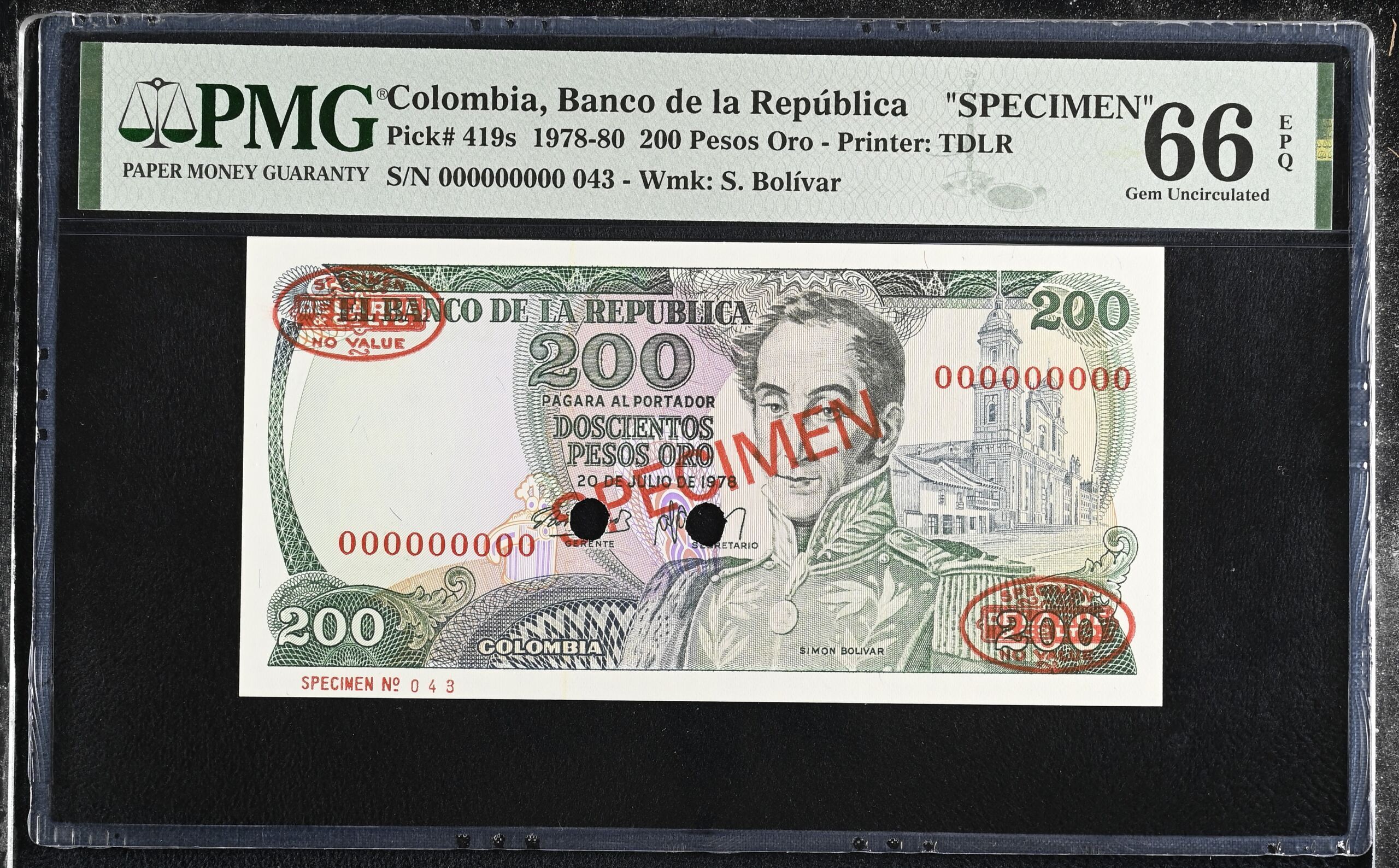 Colombia 200 Pesos Oro 1978-80 Pick 419s PMG Gem UNC 66 EPQ 0152339