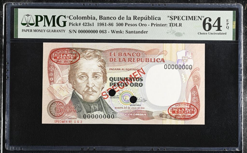 Colombia 500 Pesos Oro 1981-86 Pick 423s1 PMG Ch UNC 64 EPQ 0152341