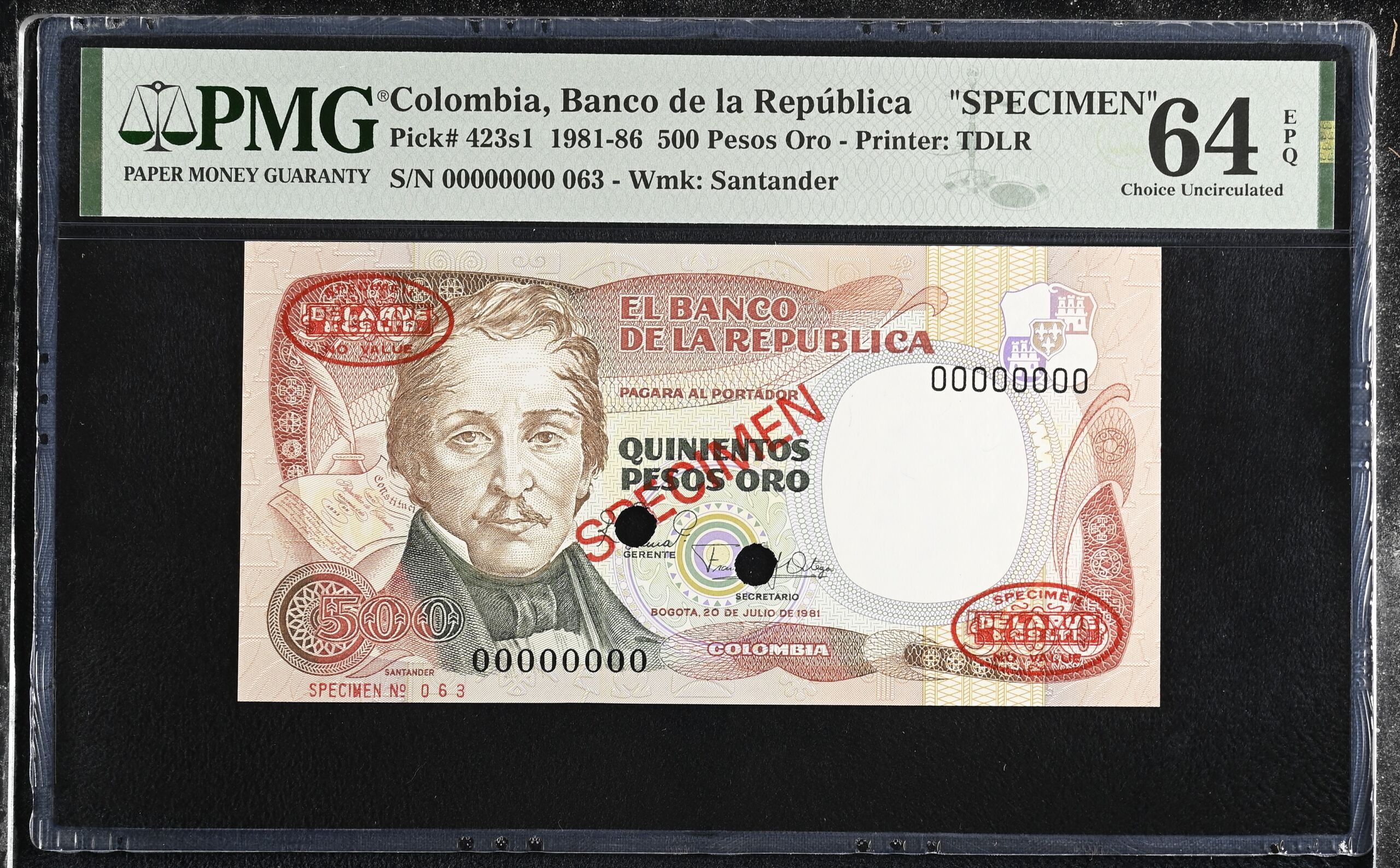 Colombia 500 Pesos Oro 1981-86 Pick 423s1 PMG Ch UNC 64 EPQ 0152341