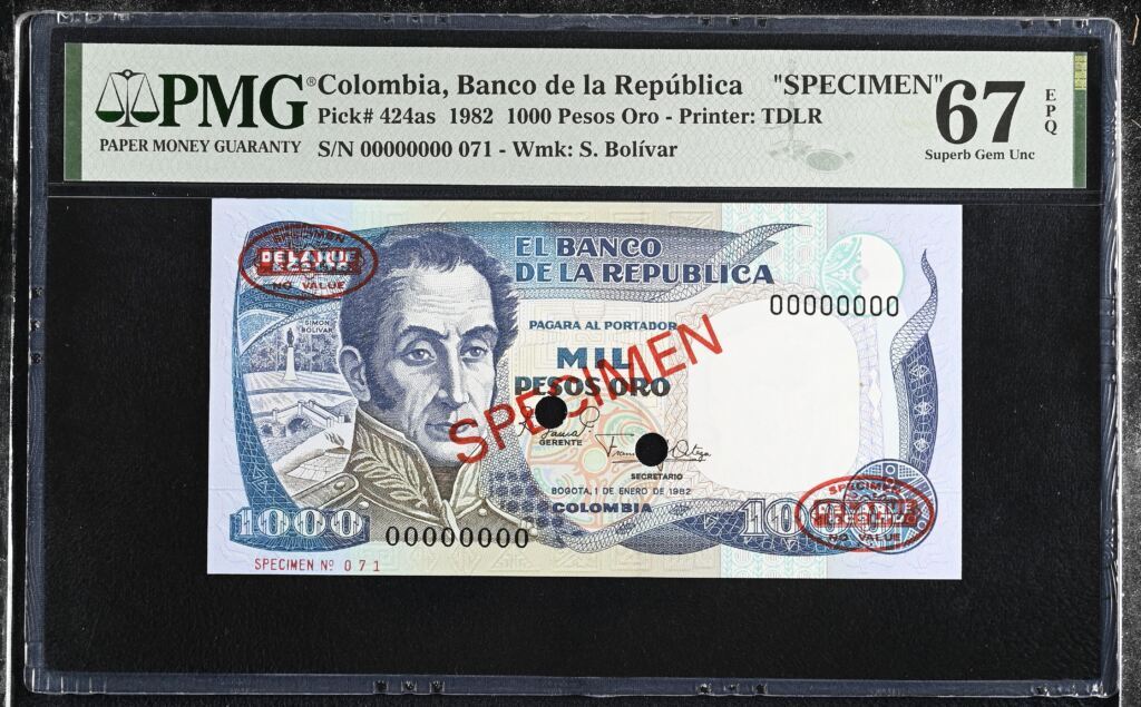 Colombia 1,000 Pesos Oro 1982 Pick 424as PMG Superb Gem UNC 67 EPQ 0152342