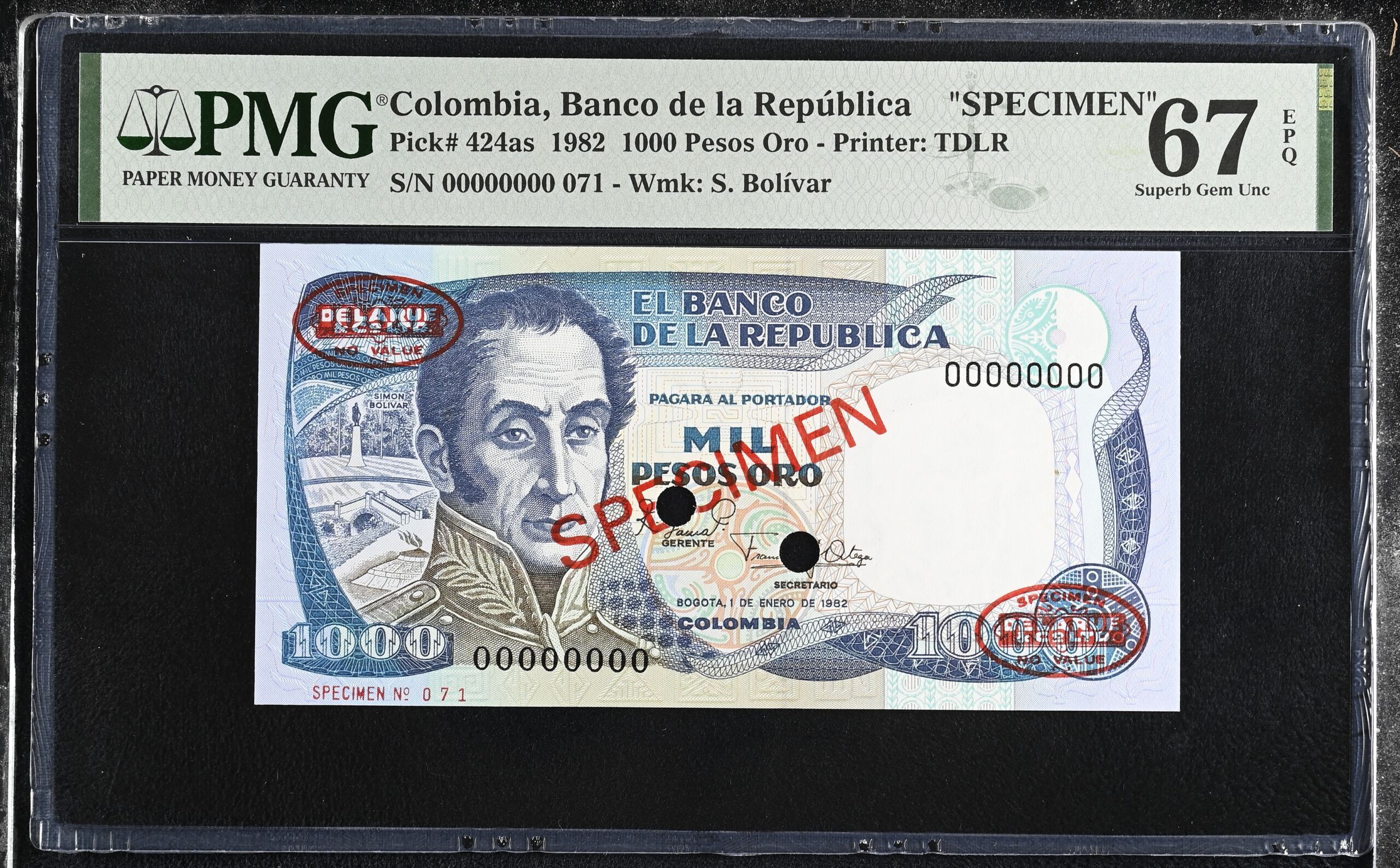 Colombia 1,000 Pesos Oro 1982 Pick 424as PMG Superb Gem UNC 67 EPQ 0152342