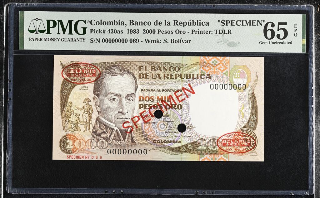 Colombia 2,000 Pesos Oro 1983 Pick 430as PMG Gem UNC 65 EPQ 0152343