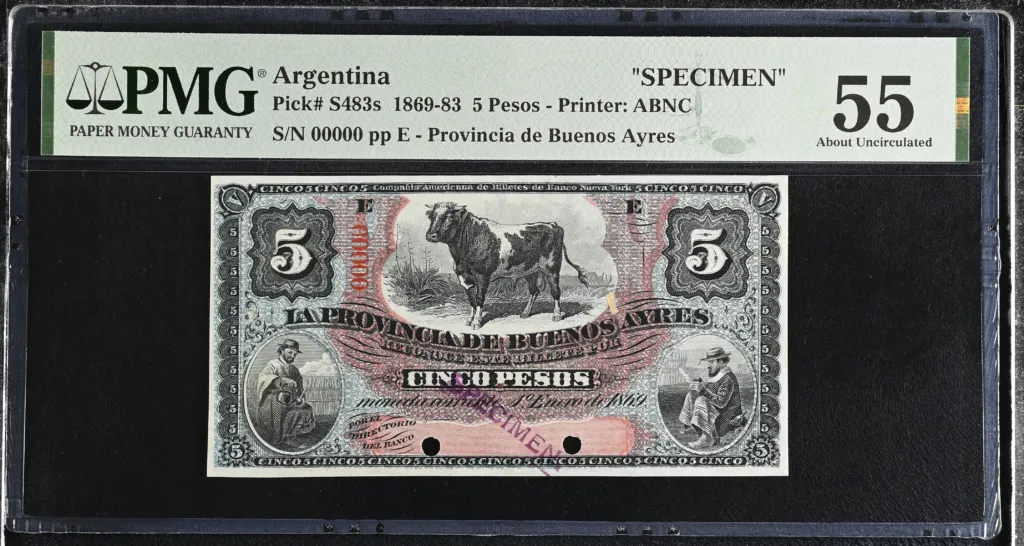 Argentina 5 Peso 1869 PMG AU55 Pick #S483s 0152345