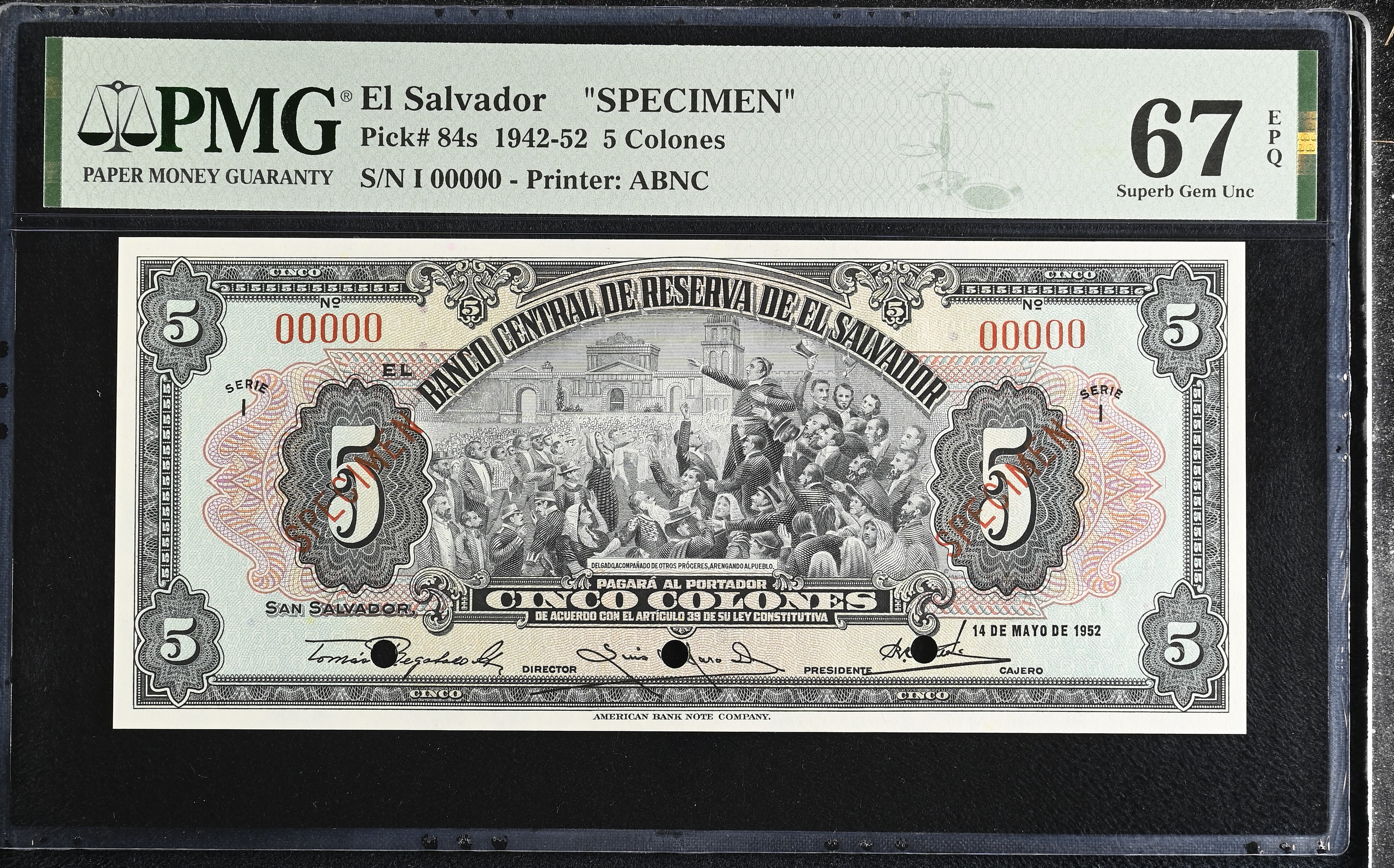 El Salvador 5 Colones 1952 PMG Superb Gem UNC67 EPQ Pick #84s 