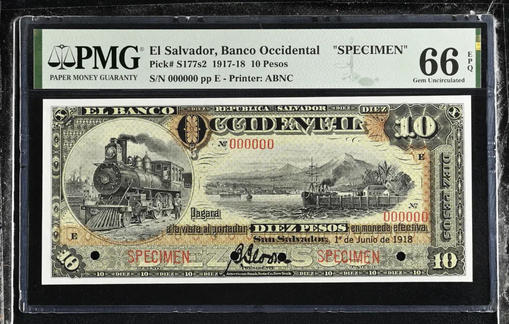 El Salvador 10 Pesos 1918 PMG Gem UNC66 EPQ Pick #S177s2 0152347
