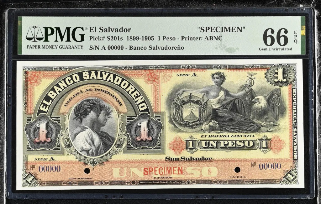 El Salvador Peso 1899-1905 PMG Gem UNC66 EPQ Pick #S201s 0152348