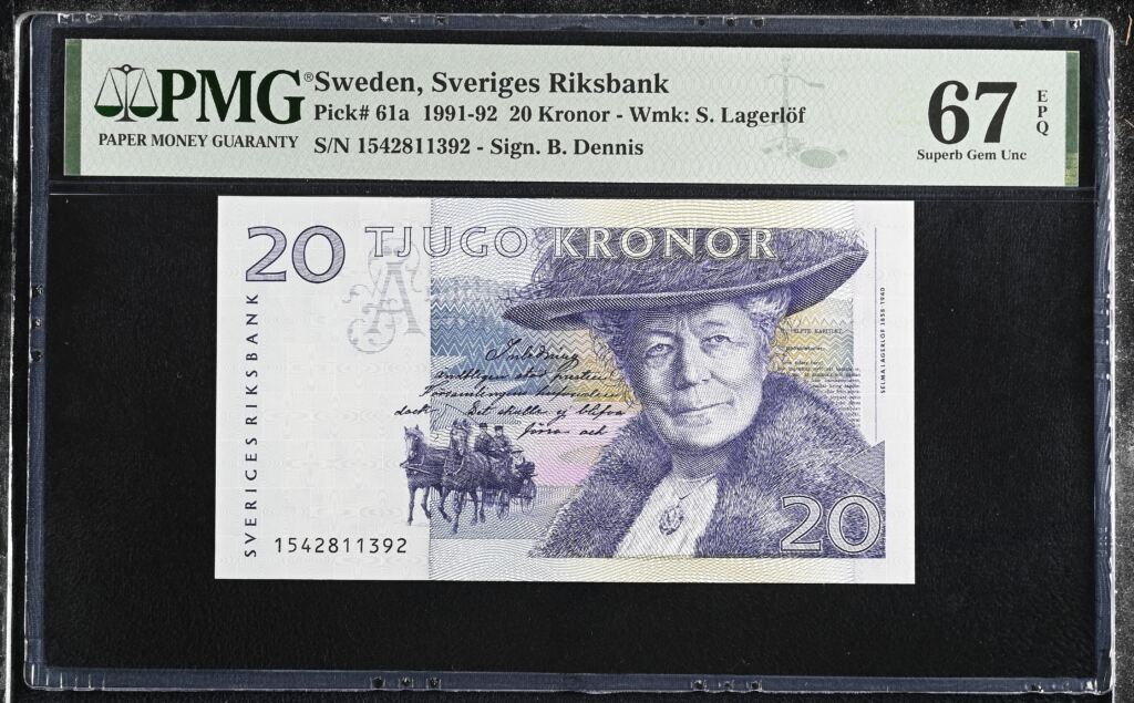 Sweden 20 Kroner 1991-92 Pick 61a PMG Superb Gem UNC 67 EPQ 0152401