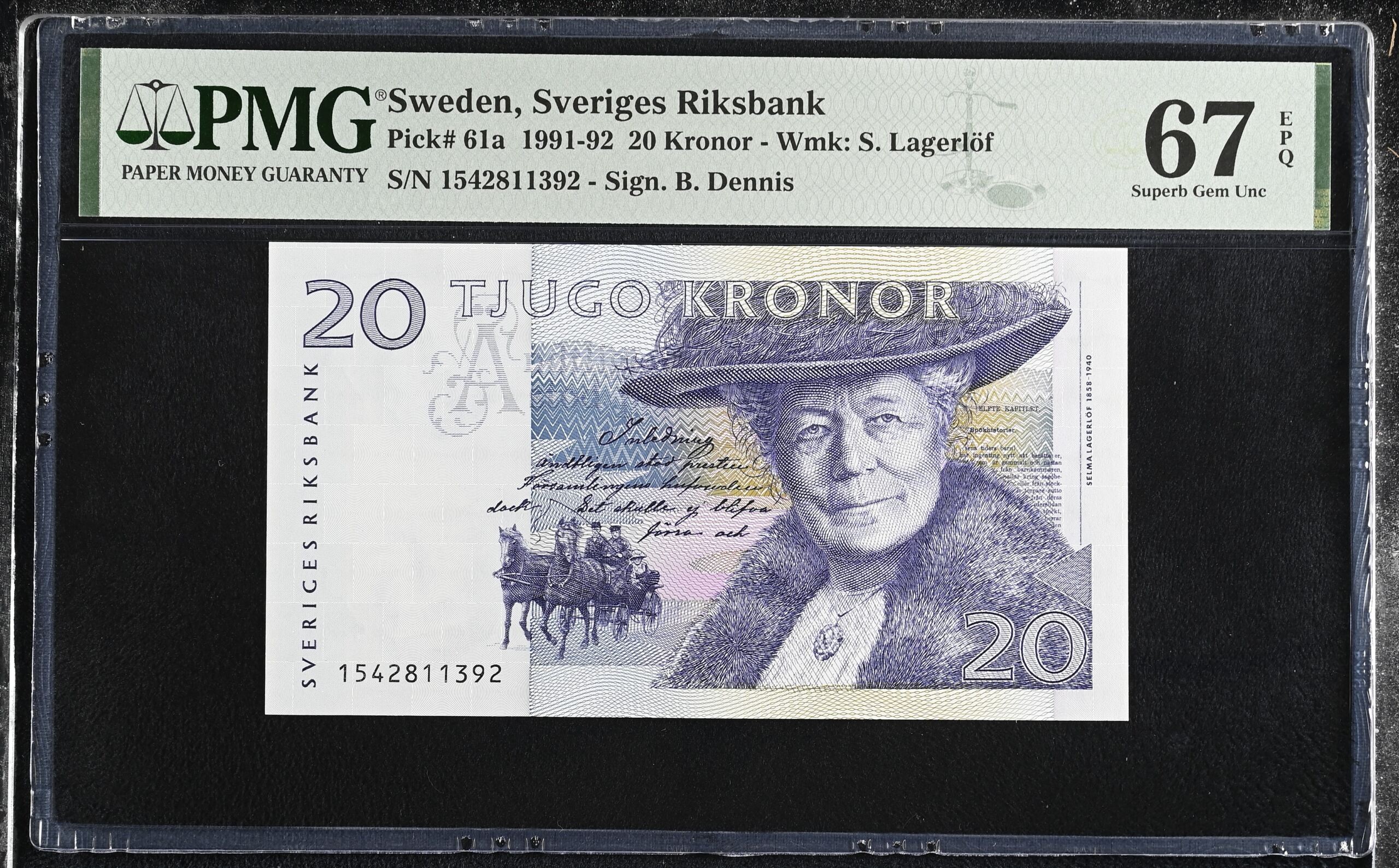 Sweden 20 Kroner 1991-92 Pick 61a PMG Superb Gem UNC 67 EPQ 0152401