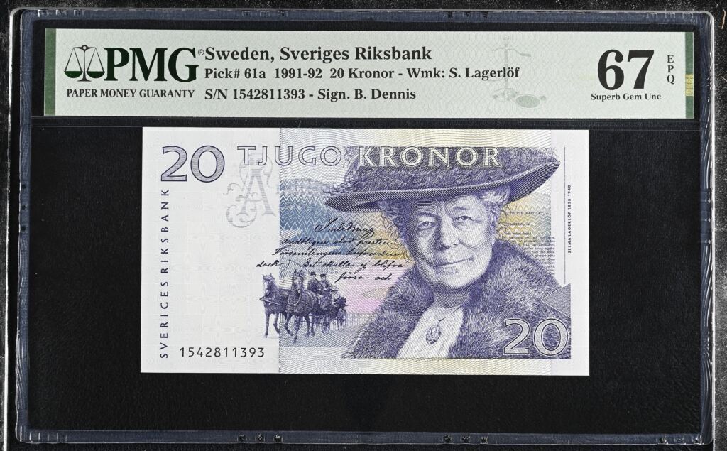 Sweden 20 Kroner 1991-92 Pick 61a PMG Superb Gem UNC 67 EPQ 0152402