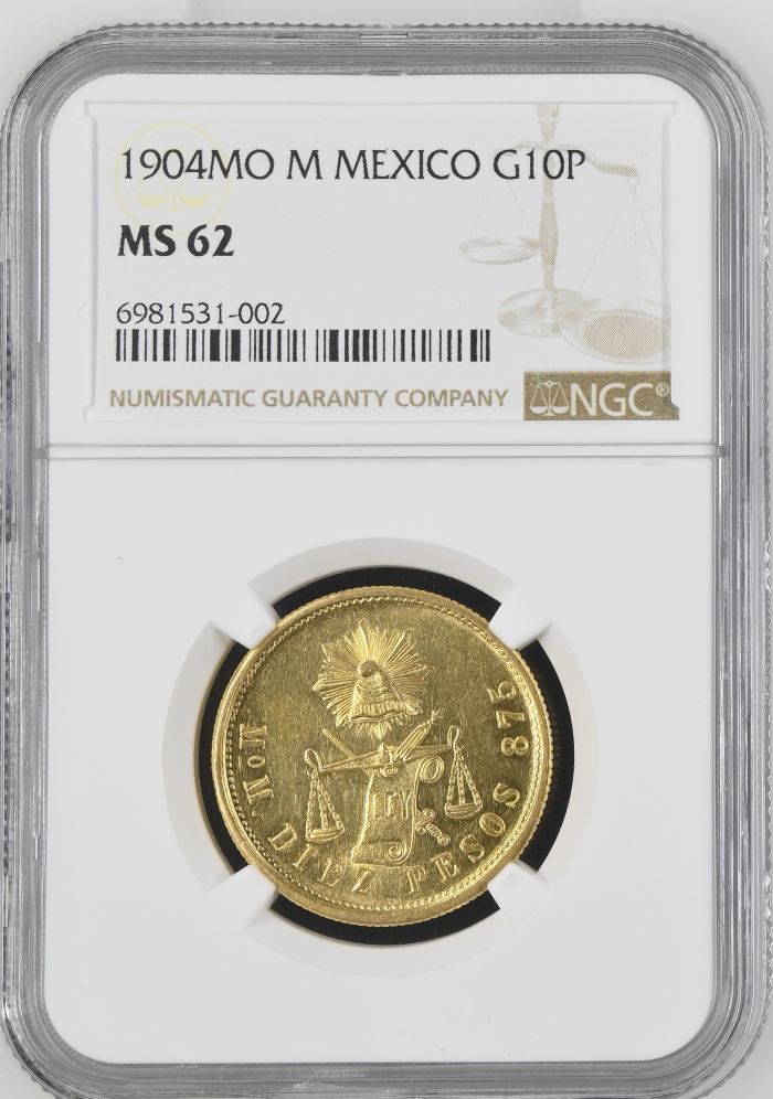 Republic Gold 10 Peso 1904 Mo M NGC MS62 0152407Republic Gold 10 Peso 1904 Mo M NGC MS62 0152407