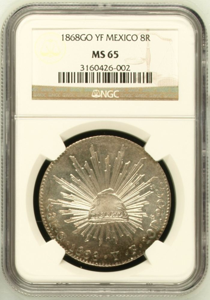 Guanajuato 8 Reales 1868 Go YF NGC MS65 0152409Guanajuato 8 Reales 1868 Go YF NGC MS65 0152409