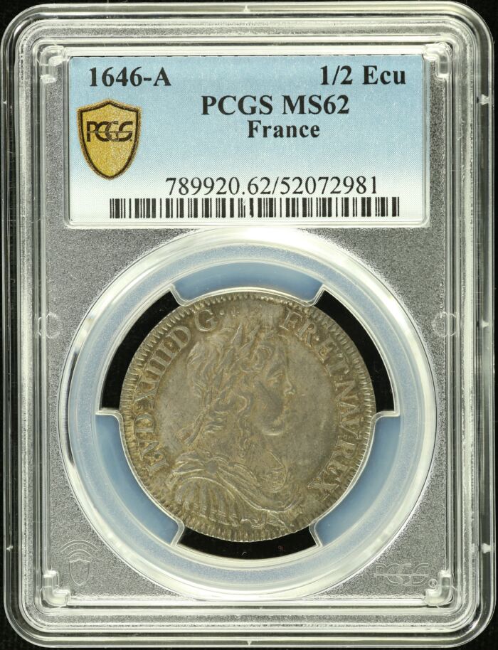 France 1/2 Ecu 1646 A PCGS MS62 0152537France 1/2 Ecu 1646 A PCGS MS62 0152537