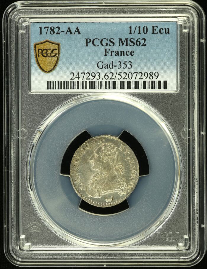 France 1/10 Ecu 1782 AA Gad-353 PCGS MS62 0152569France 1/10 Ecu 1782 AA Gad-353 PCGS MS62 0152569