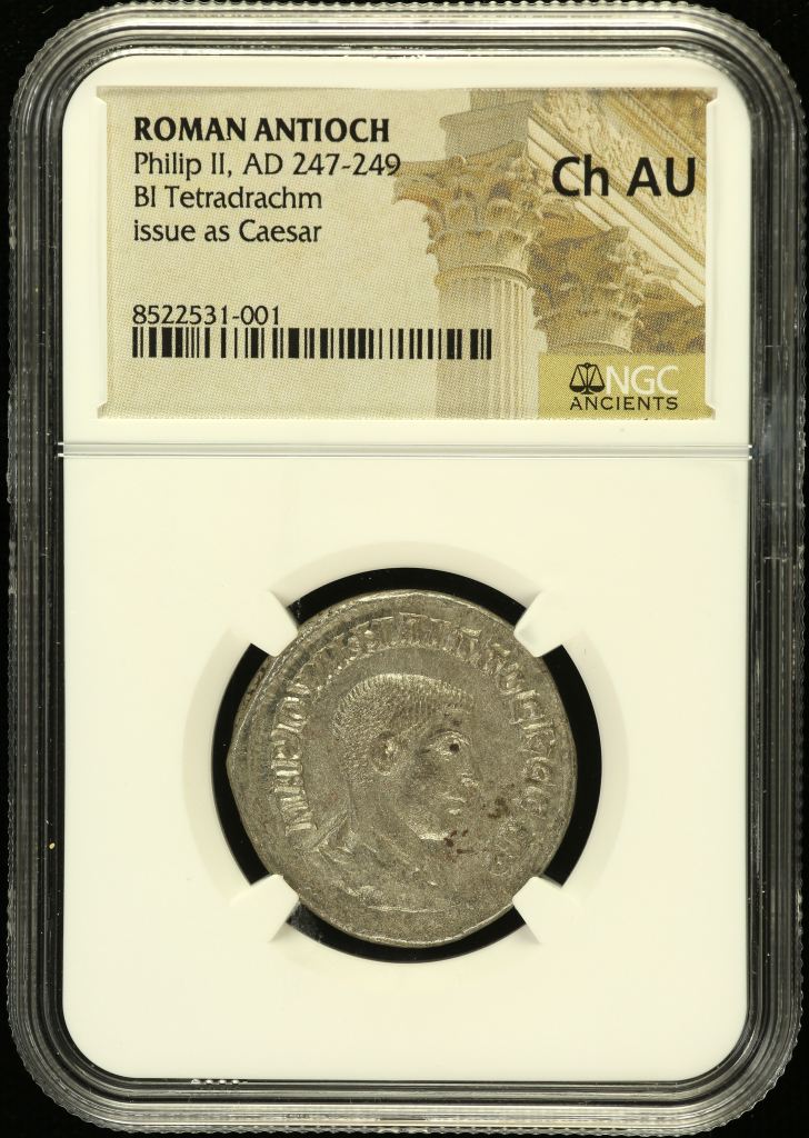 Roman Imperial Philip II 247-249 AD BI Tetradrachm NGC Ch AU 0152381