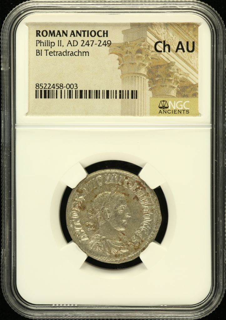 Roman Imperial Philip II 247-249 AD BI Tetradrachm NGC Ch AU 0152382