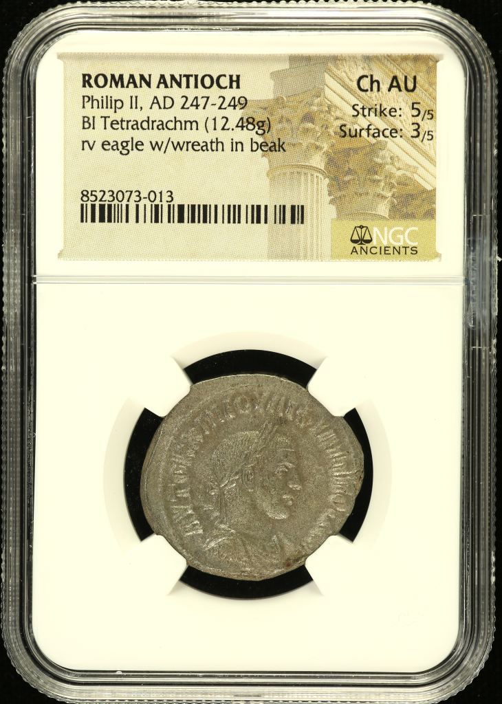 Roman Imperial Philip II 247-249 AD BI Tetradrachm NGC Ch AU 0152384