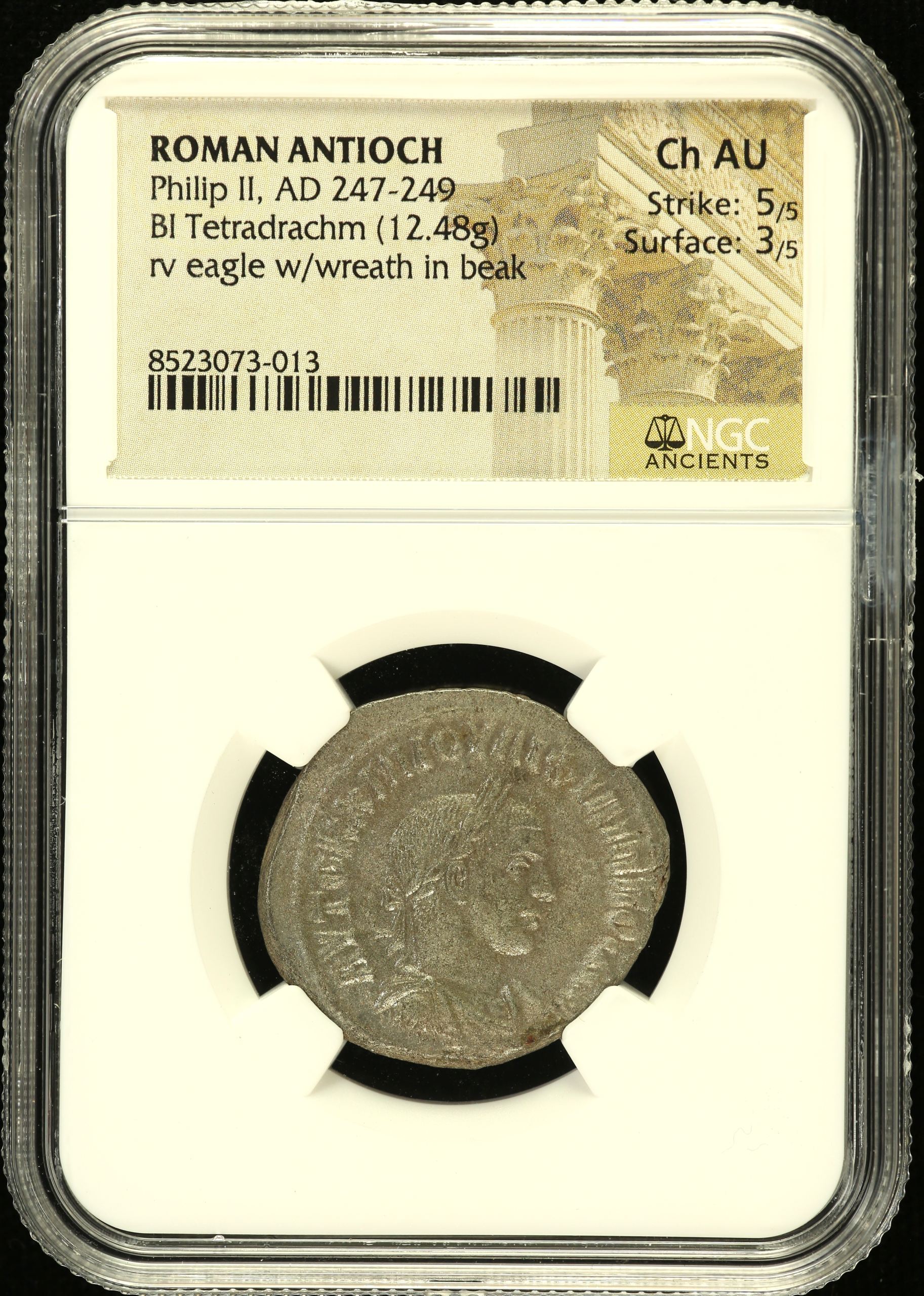 Roman Imperial Philip II 247-249 AD BI Tetradrachm NGC Ch AU 0152384