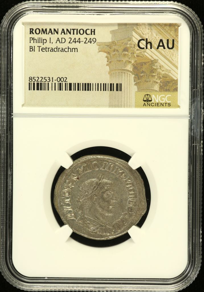Roman Imperial Philip I 244-249 AD BI Tetradrachm NGC Ch AU 0152385