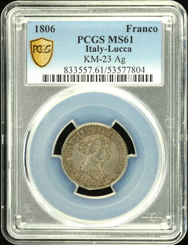 Europe Italy/San Marino/Vatican World Coins Italy/San Marino/Vatican Franco 1806 Lucca PCGS MS61 km-23 0151751 Italy/San Marino/Vatican Franco 1806 Lucca PCGS MS61 km-23 0151751