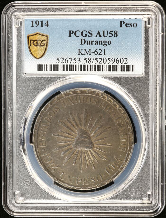 Durango Peso 1914 Muera Huerta KM-621 PCGS AU58 0152470Durango Peso 1914 Muera Huerta KM-621 PCGS AU58 0152470