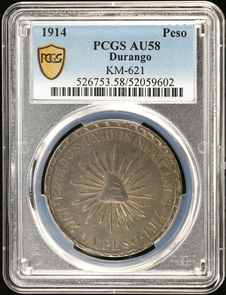 Durango Peso 1914 Muera Huerta KM-621 PCGS AU58 0152470