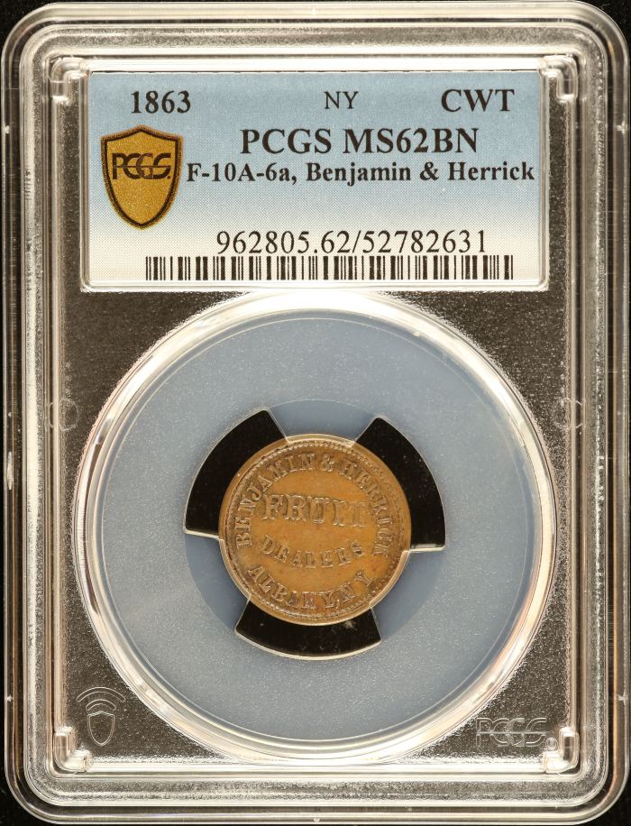 United States Benjamin & Herrick Civil War Token 1863 F-10A-6a PCGS MS62BN 0152641United States Benjamin & Herrick Civil War Token 1863 F-10A-6a PCGS MS62BN 0152641