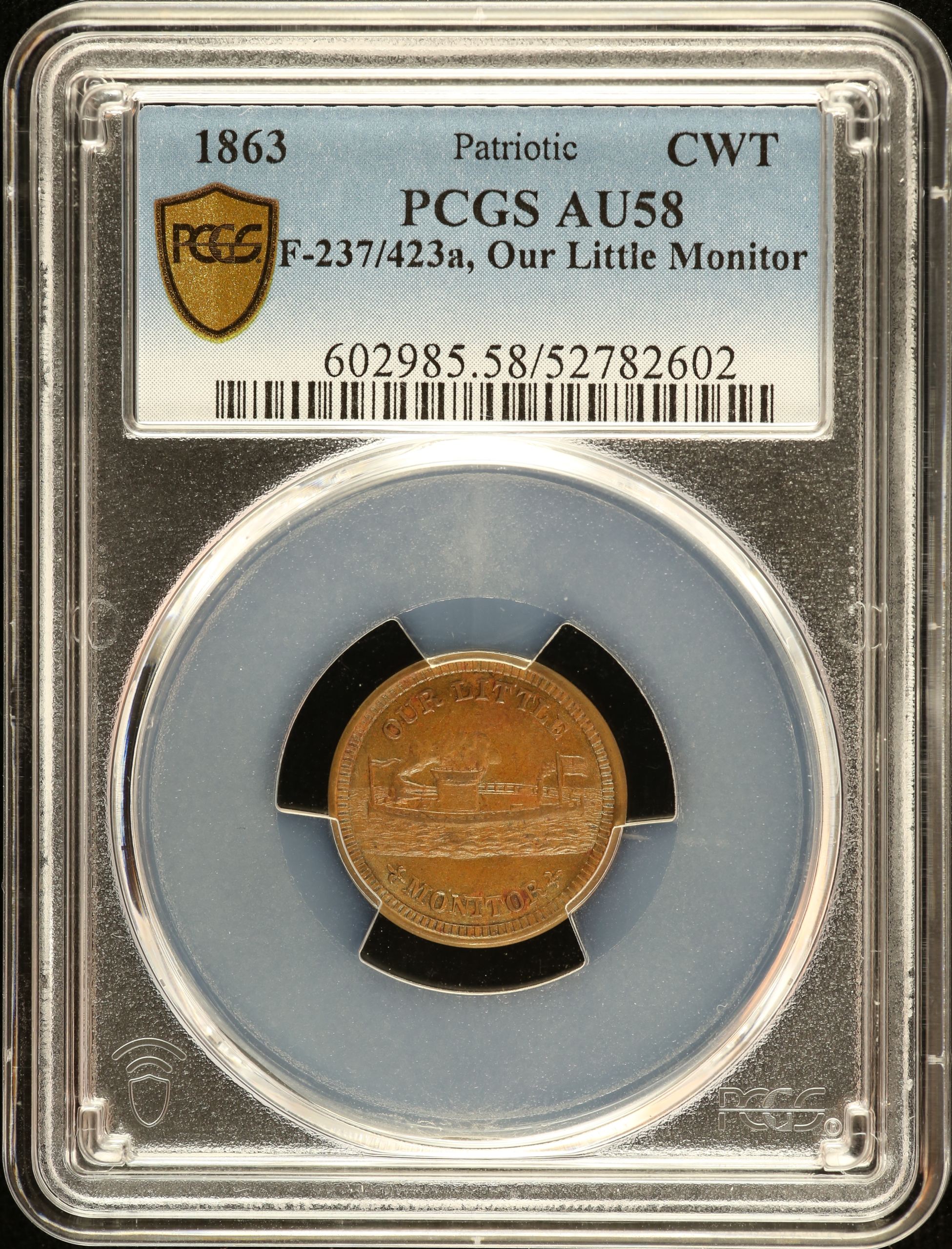United States Our Little Monitor Civil War Token 1863 F-237/423a PCGS AU58 0152632