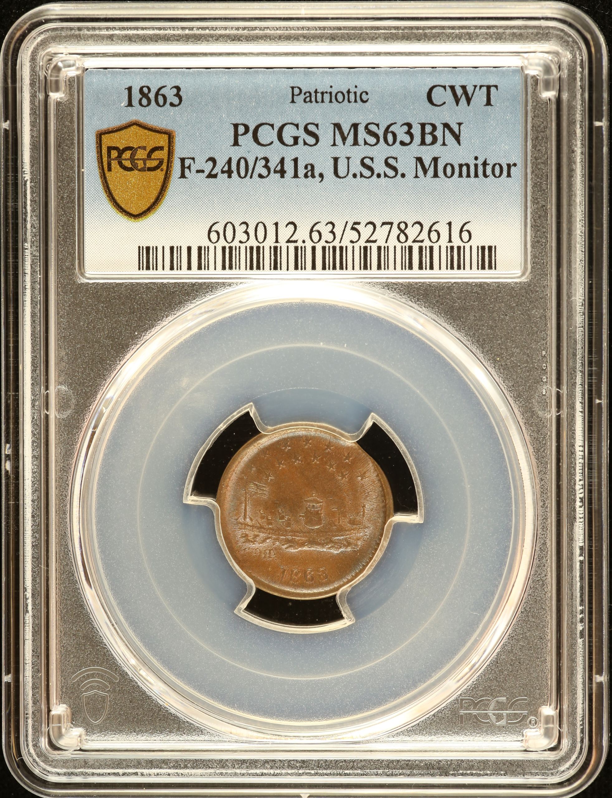 United States USS Monitor Civil War Token 1863 F-240/341a PCGS MS63BN 0152622
