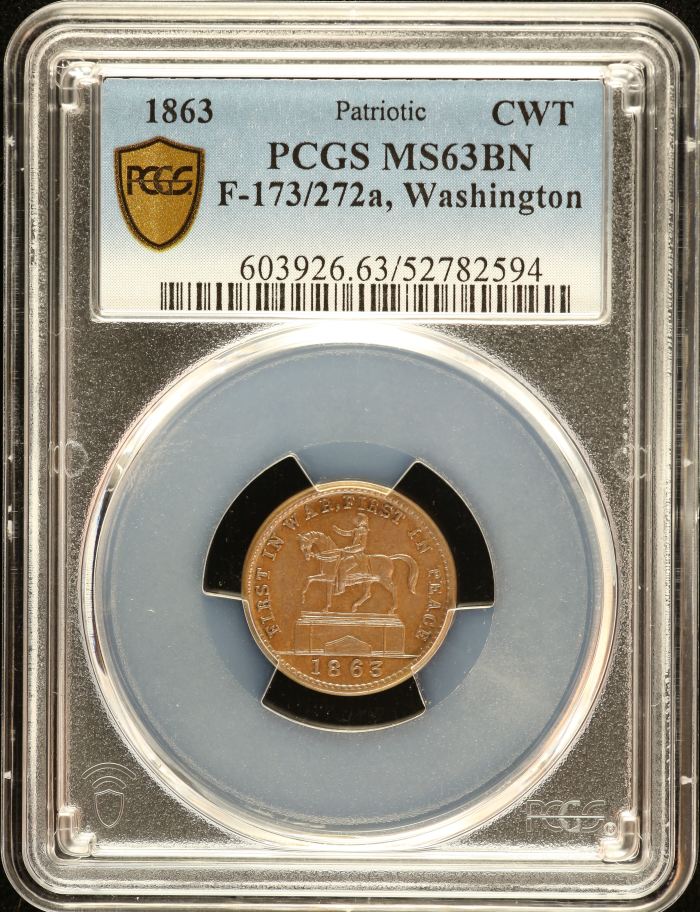 United States Washington Civil War Token 1863 F-173/272a PCGS MS63BN 0152657United States Washington Civil War Token 1863 F-173/272a PCGS MS63BN 0152657