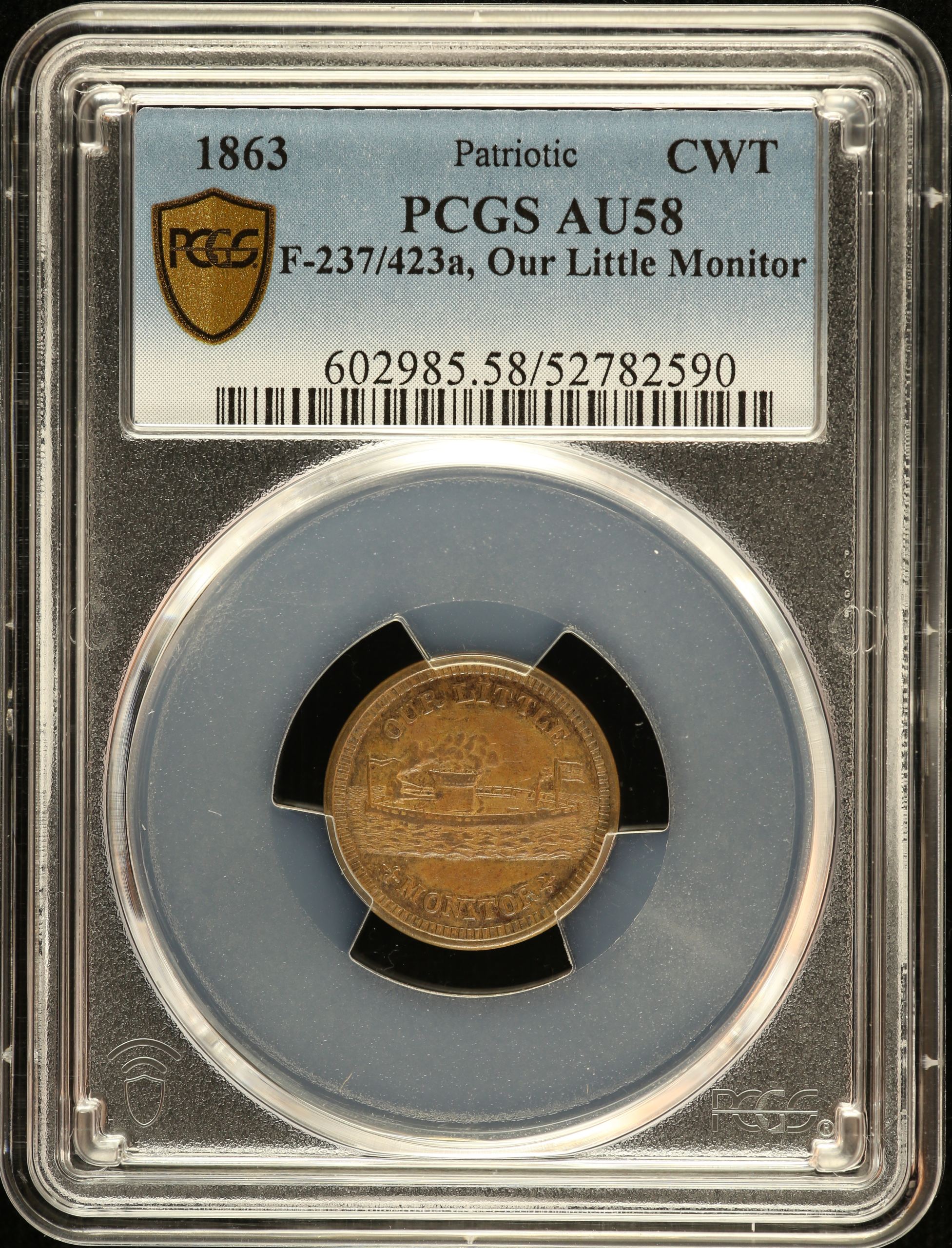 United States Our Little Monitor Civil War Token 1863 F-237/423a PCGS AU58 0152633