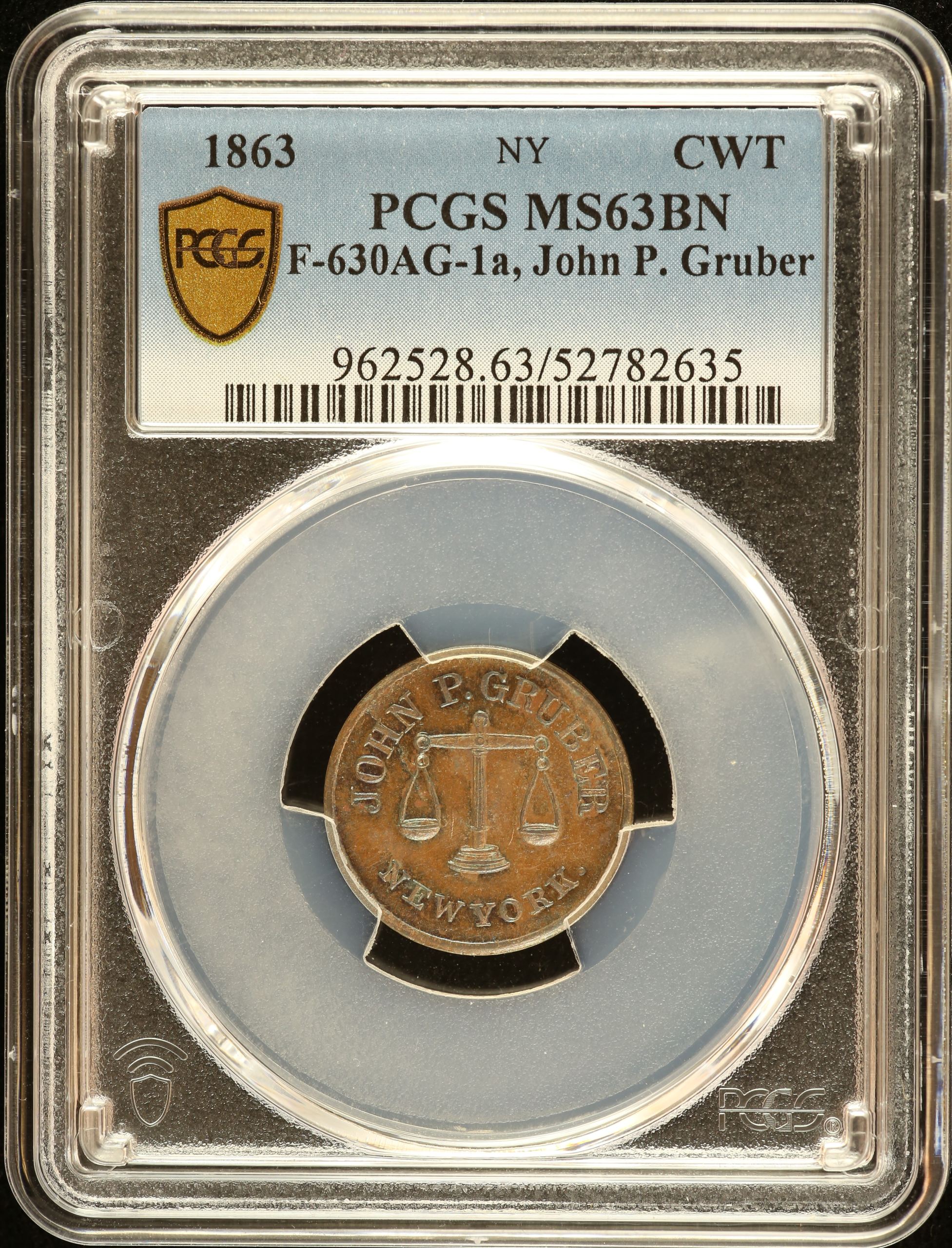 United States John P. Gruber Civil War Token 1863 F-630AG-1a PCGS MS63BN 0152624