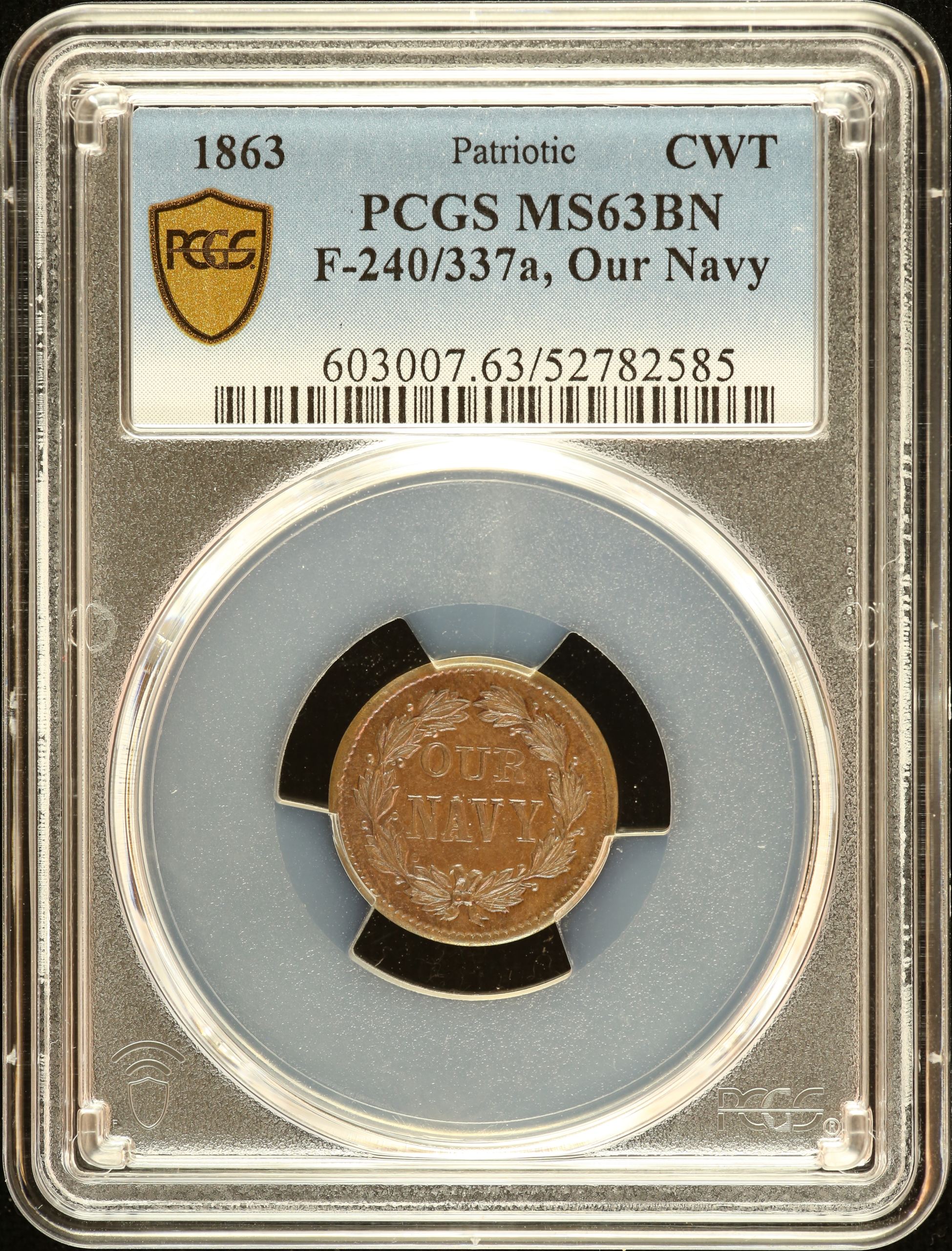 United States Our Navy Civil War Token 1863 F-240/337a PCGS MS63BN 0152628