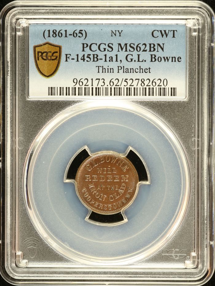 United States G.L. Bowne Civil War Token (1861-65) F-145B-1a1 PCGS MS62BN 0152639United States G.L. Bowne Civil War Token (1861-65) F-145B-1a1 PCGS MS62BN 0152639