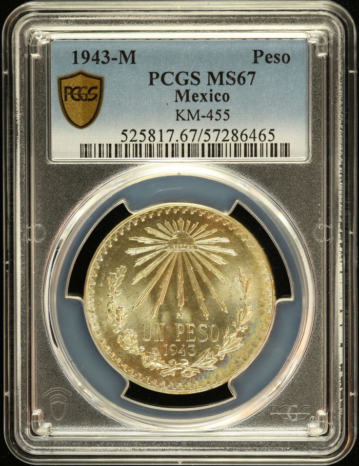 Modern Silver & Minors Peso 1943 M KM-455 PCGS MS67 0152696Modern Silver & Minors Peso 1943 M KM-455 PCGS MS67 0152696