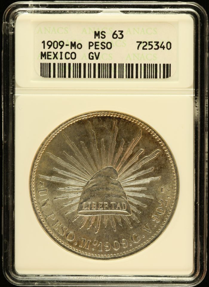 Republic Silver & Minors Peso 1909 Mo GV ANACS MS63 0152672Republic Silver & Minors Peso 1909 Mo GV ANACS MS63 0152672