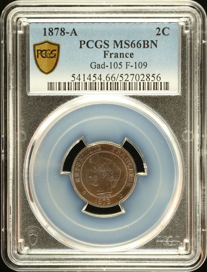 France 2 Centimes 1878 A Gad-105 PCGS MS66BN 0152615France 2 Centimes 1878 A Gad-105 PCGS MS66BN 0152615