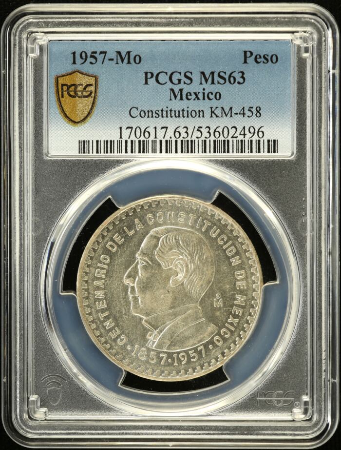 Modern Silver & Minors Peso 1957 Mo KM-458 PCGS MS63 0153056Modern Silver & Minors Peso 1957 Mo KM-458 PCGS MS63 0153056