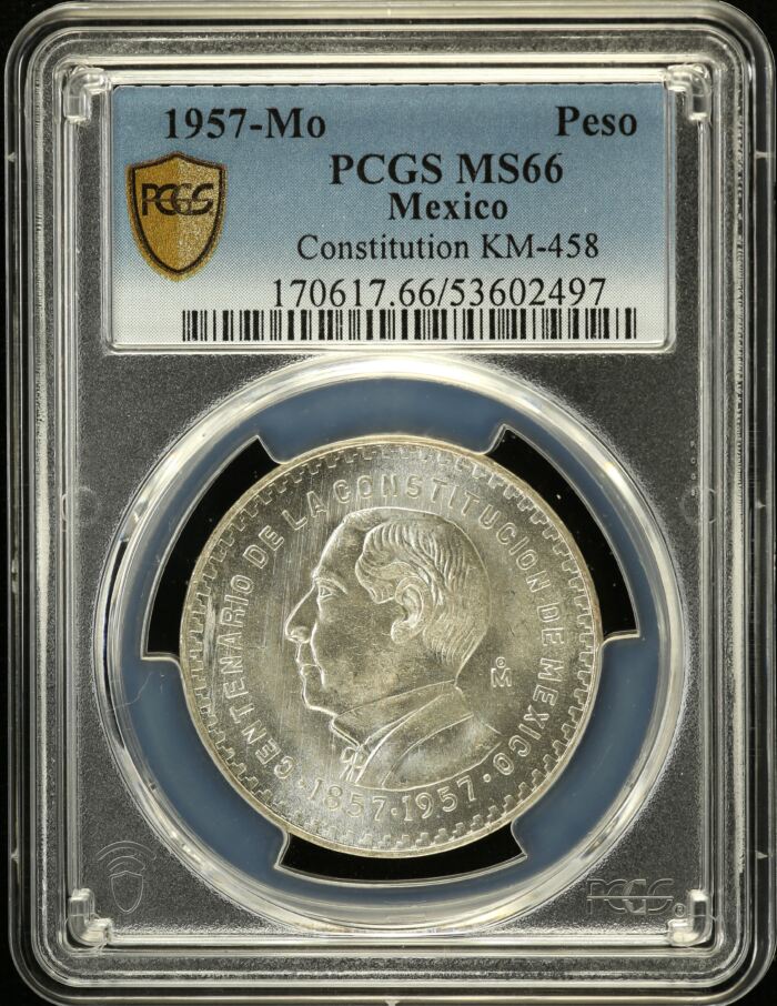 Modern Silver & Minors Peso 1957 Mo KM-458 PCGS MS66 0153071Modern Silver & Minors Peso 1957 Mo KM-458 PCGS MS66 0153071