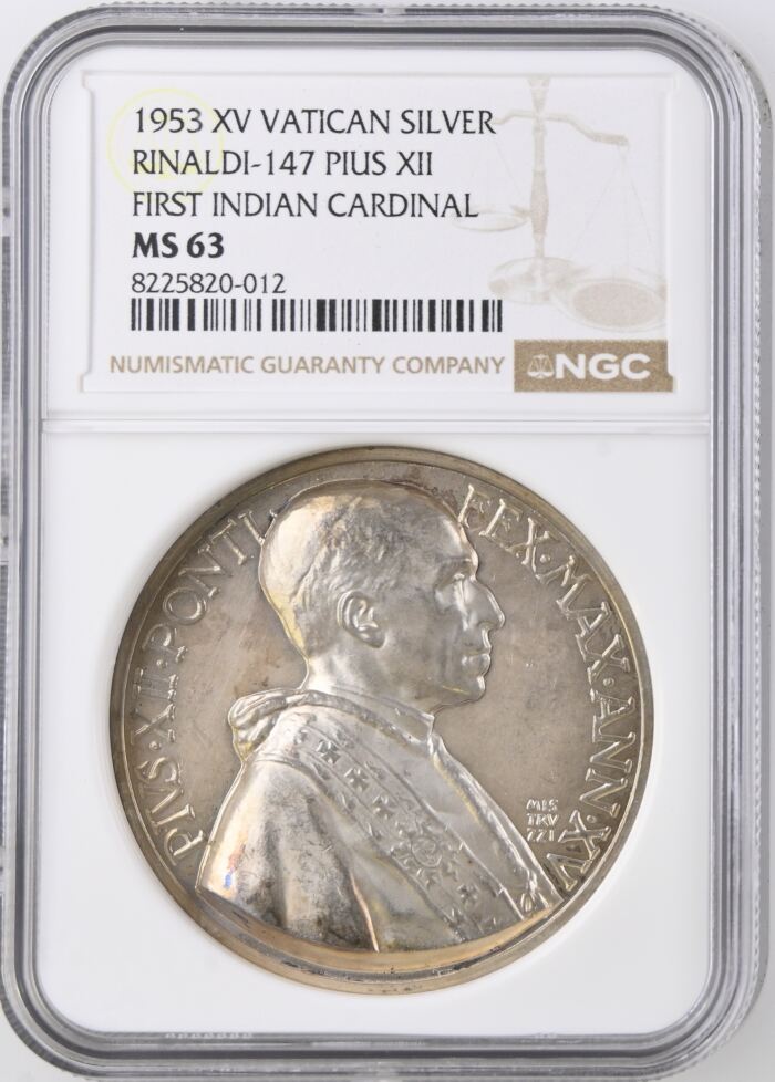 Italy/San Marino/Vatican First Indian Cardinal Pius XII Silver Medal 1953 XV Rinaldi-147 NGC MS63 0153087Italy/San Marino/Vatican First Indian Cardinal Pius XII Silver Medal 1953 XV Rinaldi-147 NGC MS63 0153087