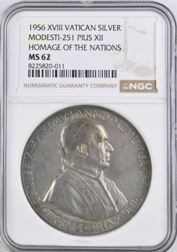 Italy/San Marino/Vatican Homage of the Nations Pius XII Silver Medal 1956 XVIII Modesti-251 NGC MS62 0153088Italy/San Marino/Vatican Homage of the Nations Pius XII Silver Medal 1956 XVIII Modesti-251 NGC MS62 0153088