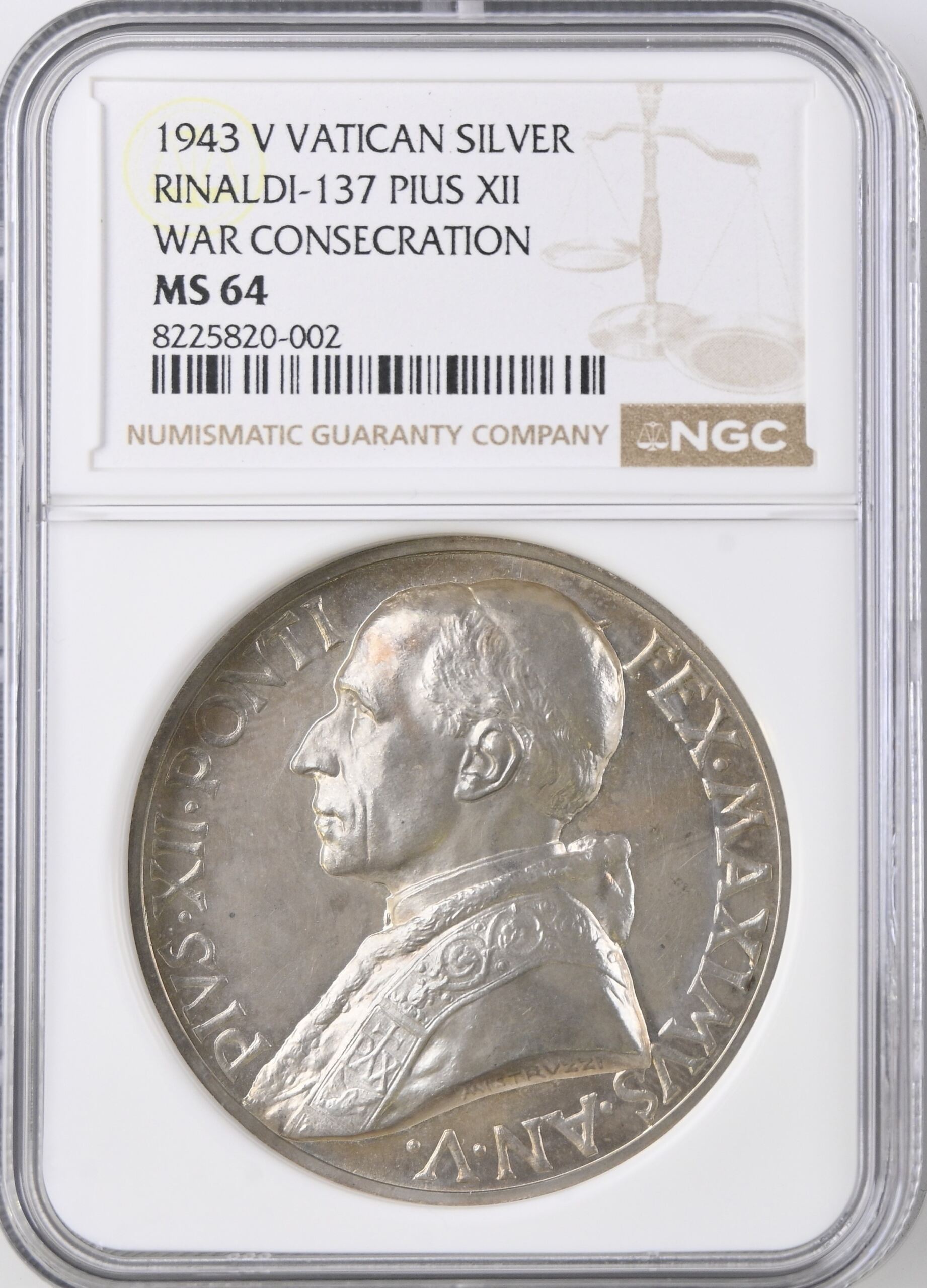 Italy/San Marino/Vatican War Consecration Pius XII Silver Medal 1943 V Rinaldi-137 NGC MS64 0153090