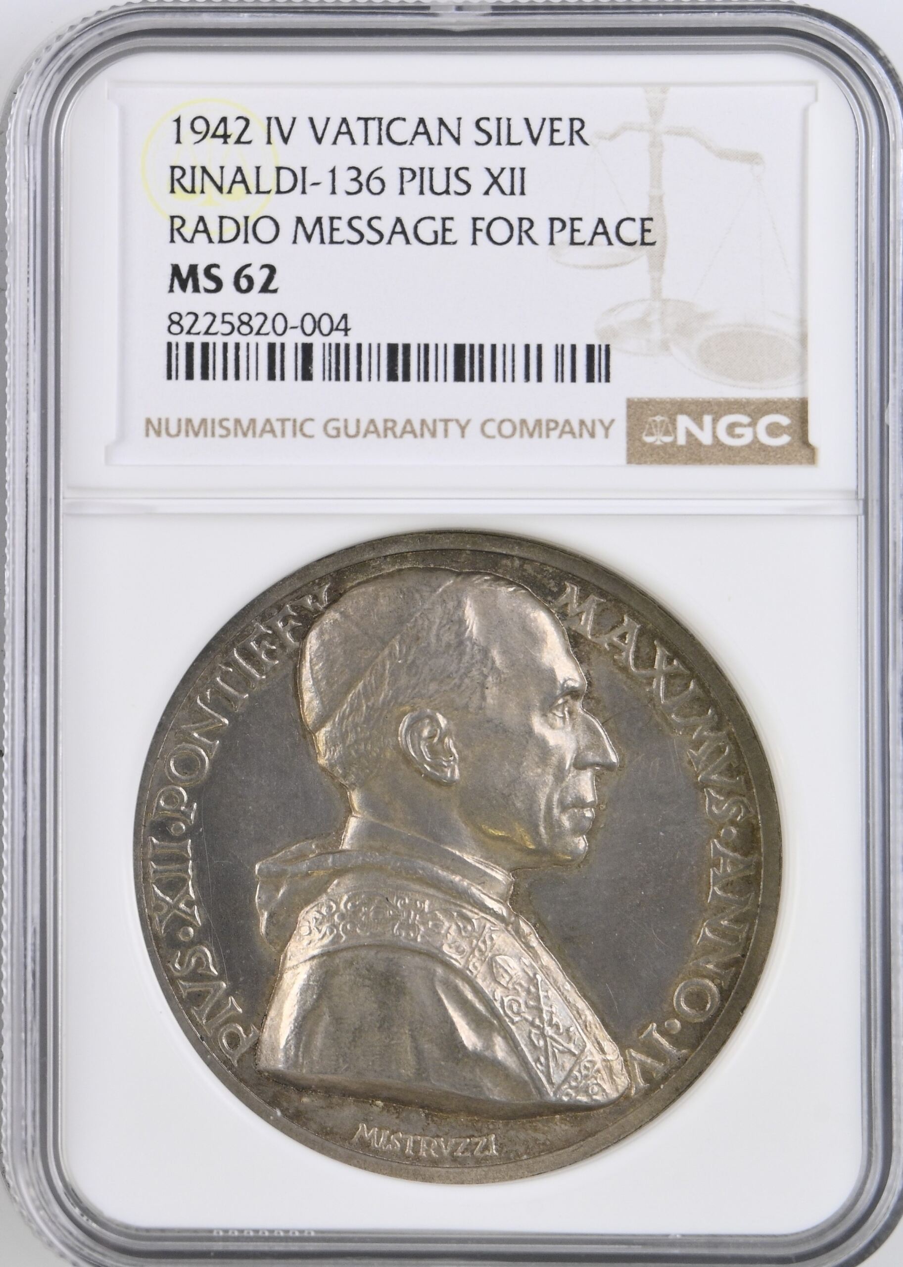Italy/San Marino/Vatican Radio Message for Peace Pius XII Silver Medal 1942 IV Rinaldi-136 NGC MS62 0153095